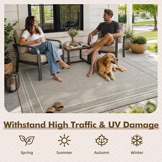 MontVoo-Outdoor Rug-Patio Rug 6x9 ft Polypropylene Indoor Outdoor Rugs Outdoor Carpet for Patio Deck Balcony Porch, Textured Weave, Durable for High Traffic, Fade-Resistant, Modern Silver Grey
