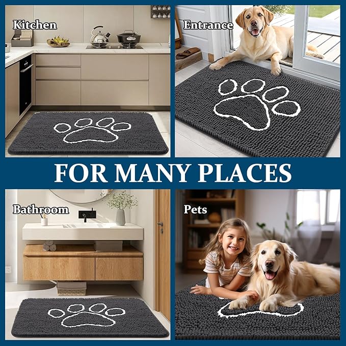 OLANLY Dog Door Mat for Muddy Paws 47x32, Paw Print Design, Absorbs Moisture and Dirt, Absorbent Non-Slip Washable Doormat, Quick Dry Chenille Mud Mat for Dogs, Entry Indoor Entryway Carpet, Dark Grey