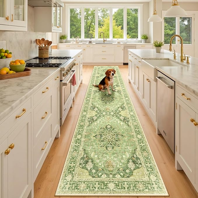Area Rugs 2'x10' Runner Rug Non Slip Washable for Kitchen Hallway Bedroom Beside Laundry Room Bathroom Rug, Floor Carpet, Sage Green Yellow