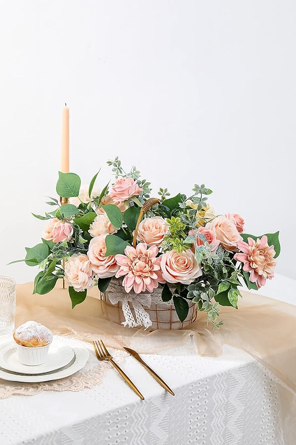 YYHUAWU Artificial Flowers Combo Box Set Gradient Color Flower Leaf with Stems for DIY Wedding Bouquets Centerpieces Baby Shower Party Home Decorations Peach