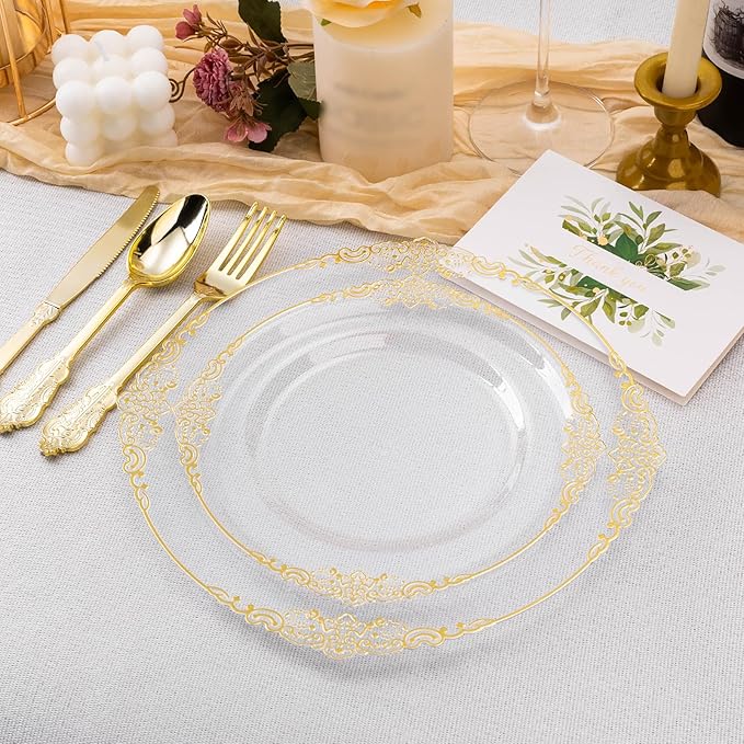 200 PCS Clear and Gold Plastic Plates for 100 Guests, Elegant Clear Disposable Plates with Gold Trim, Include 100 PCS Dinner Plates, 100 PCS Dessert Plates for Party, Birthday and Graduation