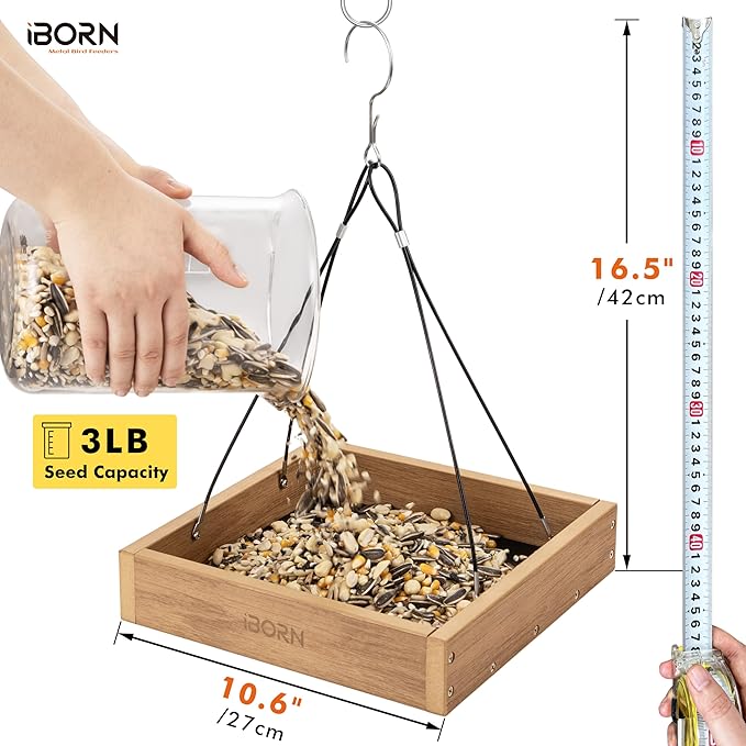 iBorn Platform Bird Feeder Tray Bird Feeders for Outdoors Hanging for Outside Flat Birdfeeder Tray with Large Capacity 3LBS, WPC Recycled Plastic & Cedar Look, Waterproof, 10.6"x10.6", Raw