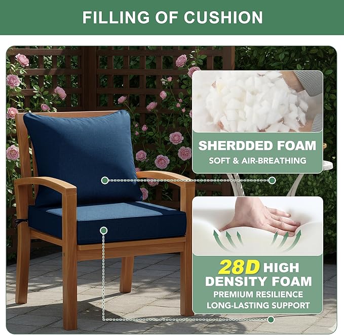 Summsun Outdoor Chair Cushions, Faux Linen Backrest and Deep Seat Cushion Set for Patio Furniture with Weather Resistant Removable Cover, Ties, Non-Slip Bottom, 24 x 24 Inch, Navy, Set of 4