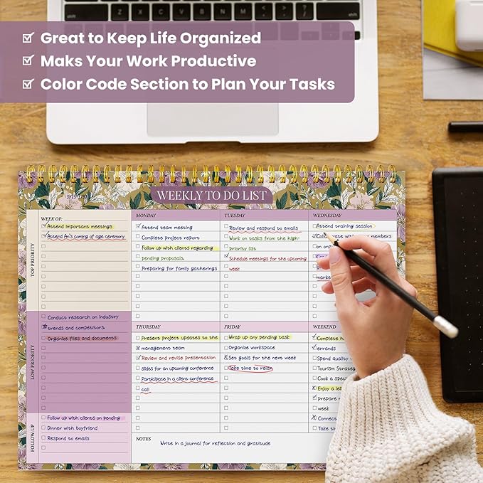 Weekly To Do List Notepad with 52 Undated Sheets（8.5"×11"）- Undated Weekly Planner Notepad for Office Desk Accessories and Supplies - Twilight Garden