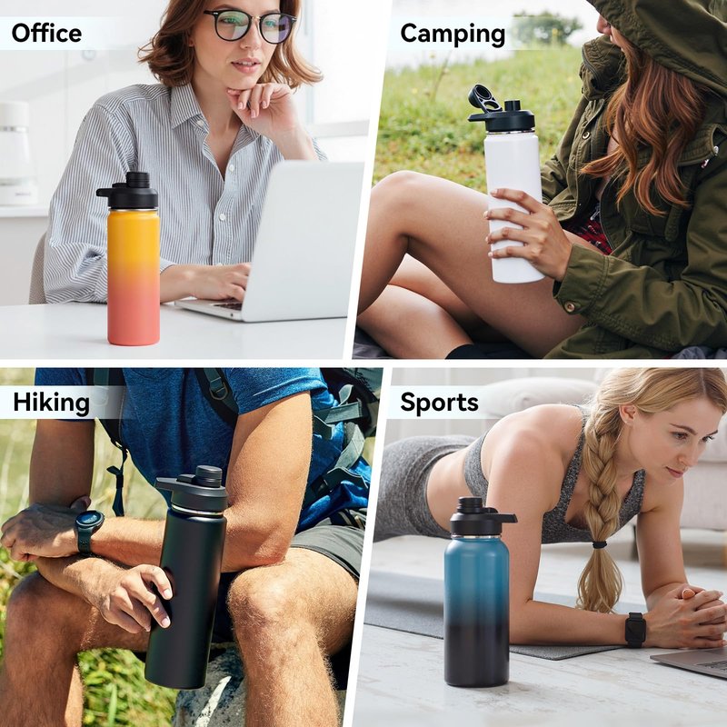 Fijinhom 24 oz Insulated Water Bottle with Handle, 304 Stainless Steel Water Bottles with Wide Mouth, Double Wall Vacuum Sports Water Bottle, BPA Free, Keep Cold and Hot, Black