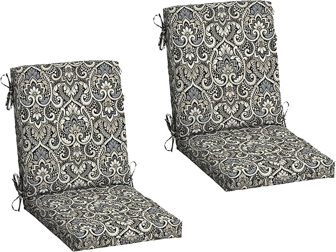 Arden 2-Pack Outdoor Patio Dining Chair Cushion, 20x44, Rain-Proof Seat Pad, Fade-Resistant Outdoor Cushion Black Aurora Damask