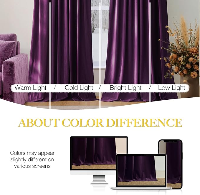 NICETOWN Purple Blackout Velvet Curtains 84 inch Long, Dark Purple