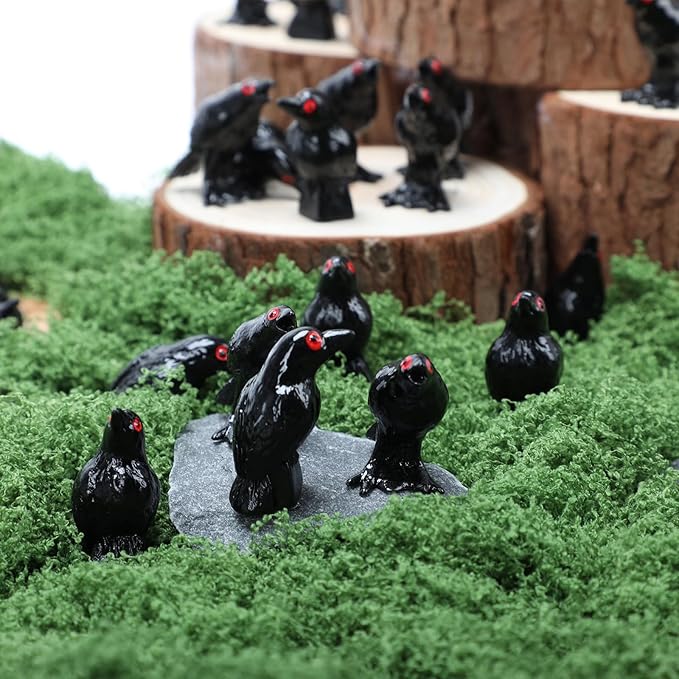 120 PCS Mini Resin Crow Figurines Halloween Decor Black Miniature Crow Gothic Tiny Raven Vase Filler Spooky Bird Ornament DIY Craft Project for Garden Landscape Scene Cupcake Topper Decoration