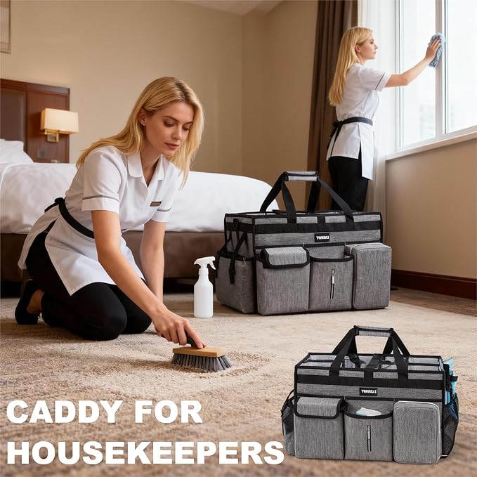 Large Cleaning Caddy Bag with Rigid Support Board, Cleaning Organizer Tote with Detachable Divider, Adjustable Shoulder Strap & Waist Belt, Cleaning Supply Carrier for Cleaners & Housekeepers