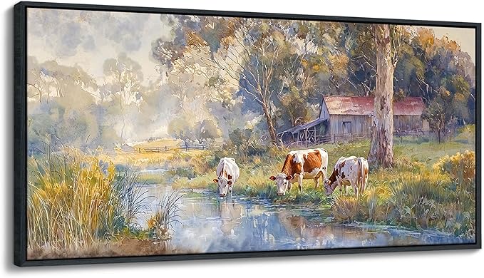 JEAWA Large Framed Canvas Painting - 24x48 IN Watercolor Landscape Wall Decor, Country Picture with Wooden House and Green Trees, Cow Art Prints for Bedroom Living Room Home Decoration