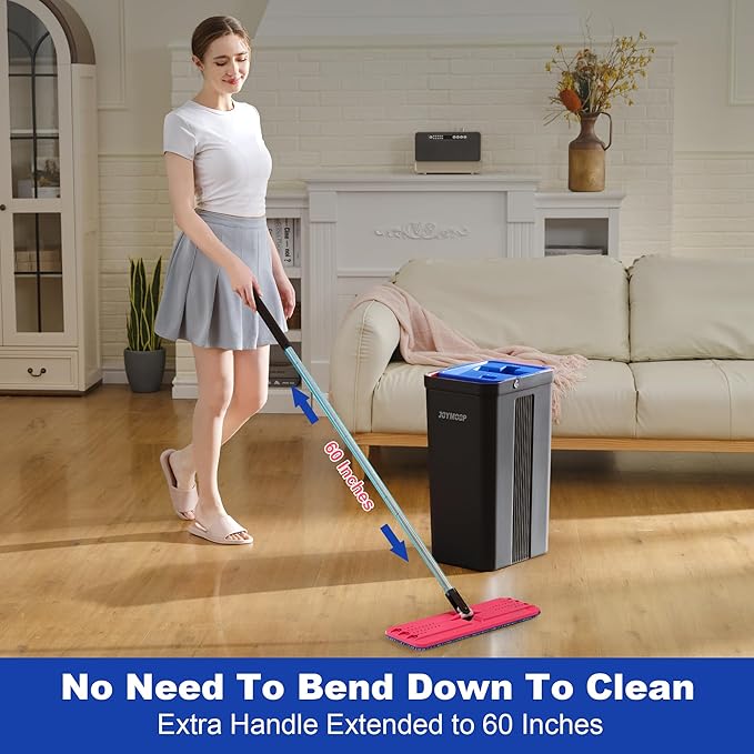 JOYMOOP Mop and Bucket with Wringer Set, Hands Free Flat Floor Mop and Bucket, with 6 Washable Microfiber Pads, Wet and Dry Use, Floor Cleaning System - Black+Red+Slate Blue