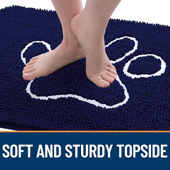 OLANLY Dog Door Mat for Muddy Paws 47x32, Paw Print Design, Absorbs Moisture and Dirt, Absorbent Non-Slip Washable Doormat, Quick Dry Chenille Mud Mat for Dogs, Entry Indoor Entryway Carpet, Navy Blue