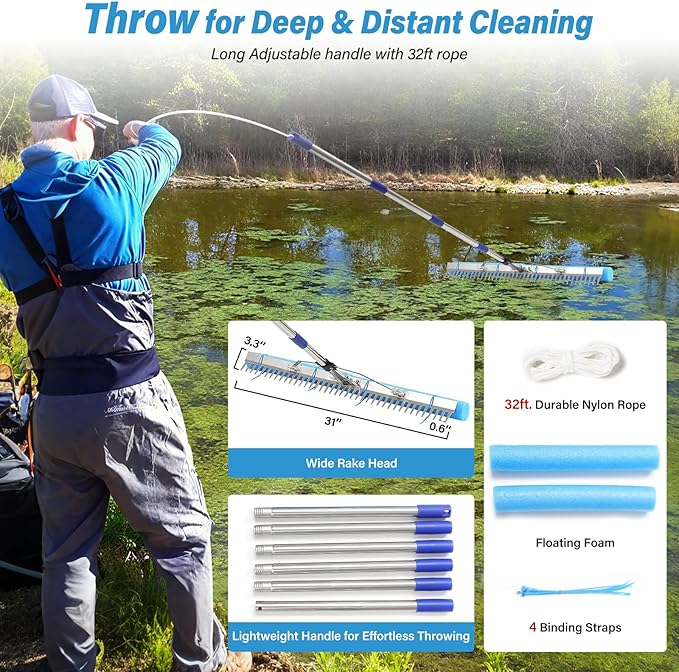 Aluminum Landscape & Lake Rake, 31'' Wide Heavy Duty Rake for Gravel Driveway Leveling, Aquatic Weed, Algae, Muck, Leaf & Seaweed Removal, Long Handle for Outdoor Beach, Garden & Lawn Yard Cleaning