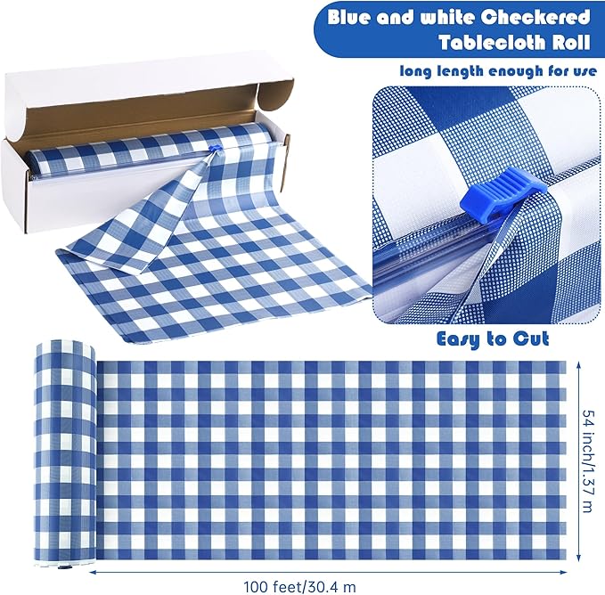 Kochorie 54 Inch x 100 Ft Blue Checkered Plastic Table Cloth Roll Disposable