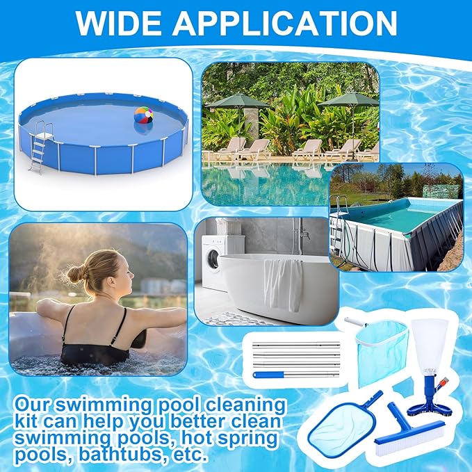 Tioncy 5 Pcs Jet Pool Vacuum Cleaning Kit with Skimmer Nets, Pool Brush and 47" Long Pole Adjustable for Above Ground Ponds Hot Tub Spa Wall Floor Cleaning, Easy to Set up
