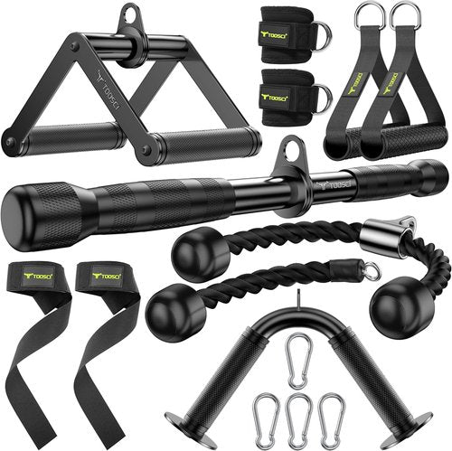 Cable Attachments for Gym, LAT Pulldown & Cable Machine Attachment Set: V-Shaped Bar, Rotating Straight Bar, V Rotation Handle, Nylon Tricep Rope, Ankle Straps & Handles, Home Gym