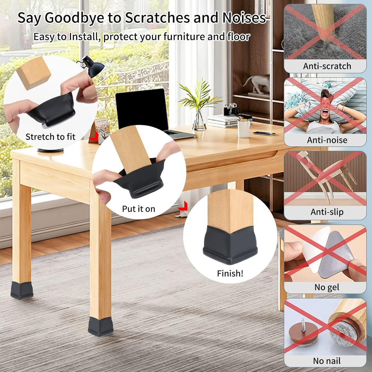 Ezprotekt 24 Pcs Large Chair Leg Sliders for Carpet, Square Black Teflon Furniture Glides Pads Caps for Rug, Bar Stool Leg Protectors Covers for Table, Chair, Sofa Legs (XL Fit: 1.5" - 2")