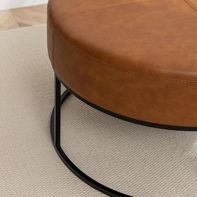 Modern Round Coffee Table, Farmhouse Ottoman for Living Room, Large Vintage Leather Coffee Tables with Leather Upholstered Padded Seat [Round, Vintage Brown, 30'']