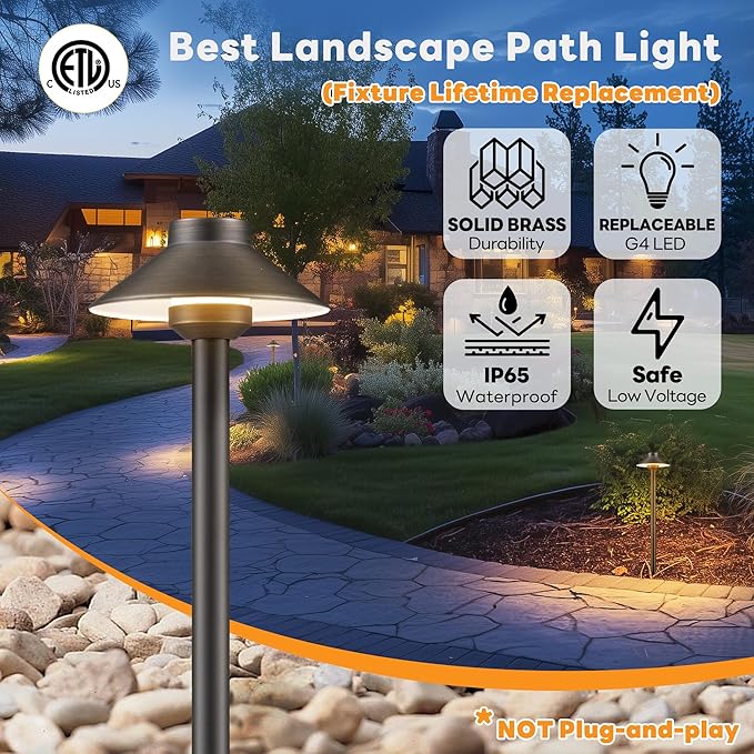 Solid Cast Brass Pathway Light - 12v Landscape Pathlights Outdoor Waterproof, Electric Path Lights Wired, Hat Shape Antique Bronze for Garden Decorations G4 Bulb Not Included (12 Pack)