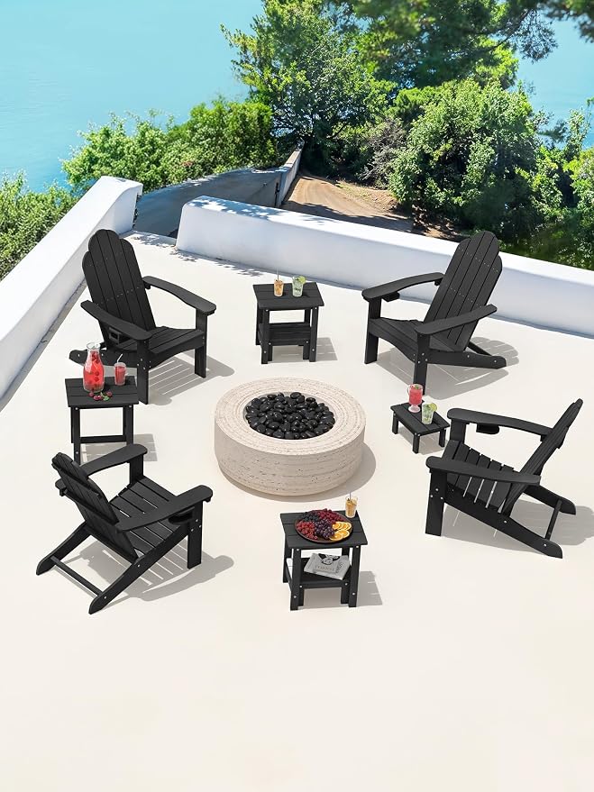 LUE BONA Outdoor Side Table, 2-Tier HDPS Outdoor Nesting End Table with Removable Small Foot Stool for Patio, Deck, Poolside, Low Maintenance & Weather Resistant,Black