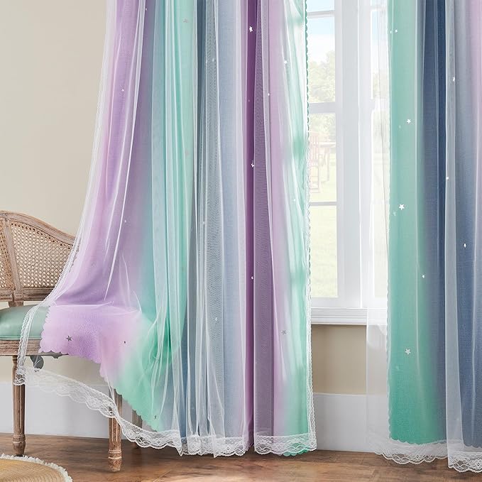 XiDi Curtains for Bedroom Decor, Rainbow Purplgreen grey34/45
