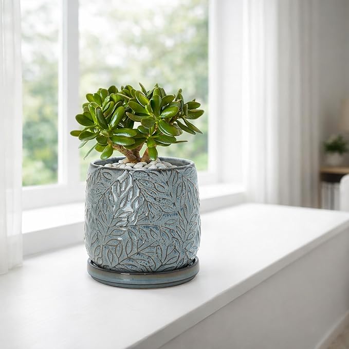 D'vine Dev 5 Inch Embossed Leaves Stoneware Planter Pot with Drainage Hole and Saucer, Graphite Blue, 27-A-V-9