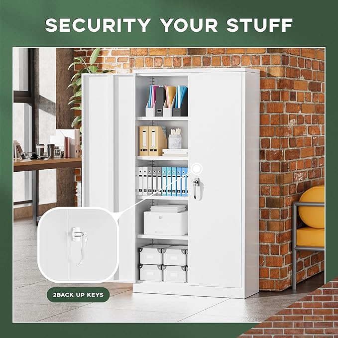Greenvelly Metal Garage Storage Cabinet with Doors and Adjustable Shelves,72" Steel Lockable File Cabinet for Home Office,Garage,School(White,32" W x 16" D)