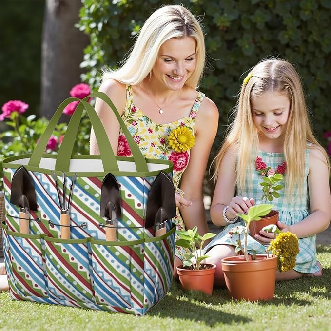 Boho Garden Tool Bag - Waterproof Floral Garden Tote with 8 Pockets, Large Storage Home Organizer Gardening Tool Oxford Bag for Garden Tools Kits Holder, Ideal Outdoor Gardening Gift for Women & Men