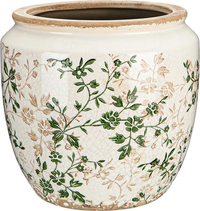 LemonRoad 7 Inch Large Vintage Ceramic Planter with Drainage Holes Ice Crackle Flower Vase Flower Pot with Rustic Greenery Pattern for Indoor Outdoor Plants Garden Home Kitchen Office Shelf Decor
