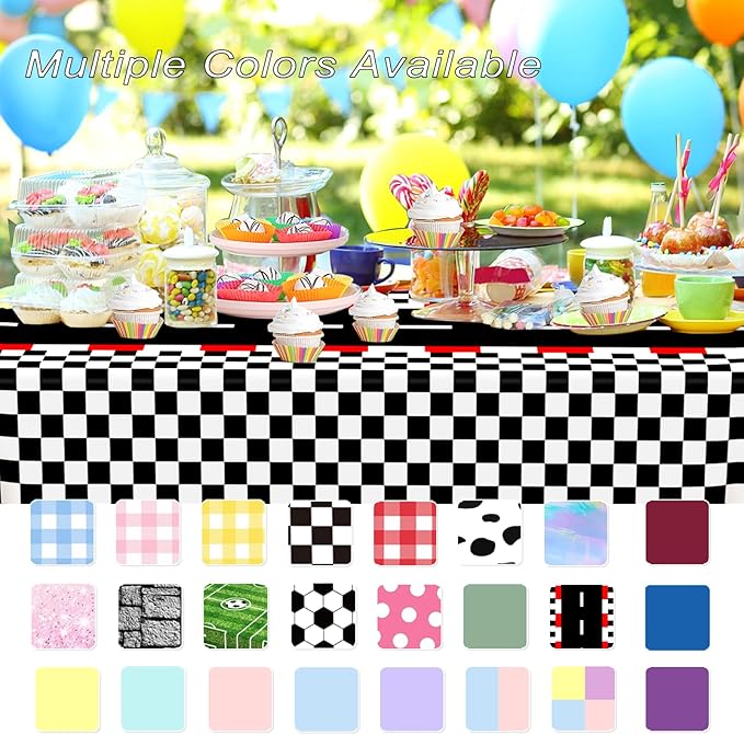 WNINK 2 PCS Racing Car Theme Tablecloths Car Disposable Plastic Tablecloths Black Checkered Flag Table Covers Racetrack Rectangular Tablecloth for Race Car Birthday Party Decorations, 54 x 108 Inch