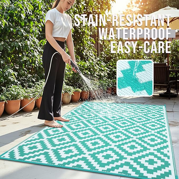 OLANLY Waterproof Outdoor Rug 6x9 ft, Outdoor Plastic Straw Rug for Camping, RV Mat Outside, Outdoor Carpet for Porch, Deck, Backyard, Balcony, Picnic, Turquoise & White