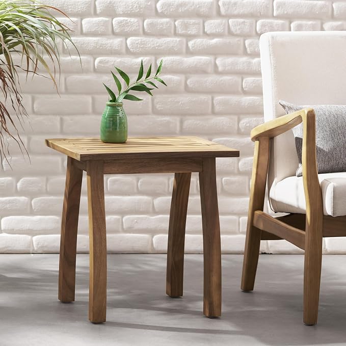 Christopher Knight Home Selma Acacia Wood Outdoor Side Table, Decorative Rectangular Small Accent Table, Weather Resistant Patio End Table for Balcony Beach Pool Side, Slatted Design, Natural Stained