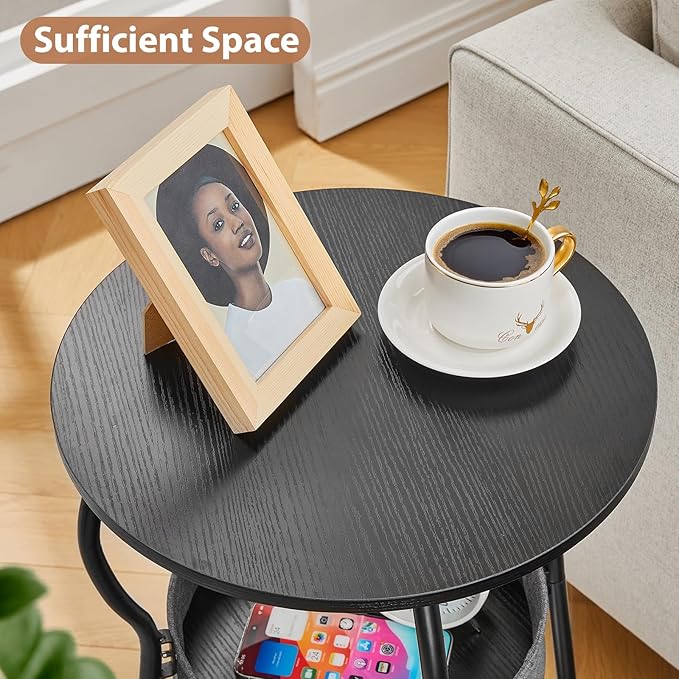 Small Round Side Table with Storage Bag, 3-Tier Accent Round End Table with Storage Shelves for Living Room, 21.6" H Vintage Small Corner Table for Smalls Spaces (D - 15.8 in Black)
