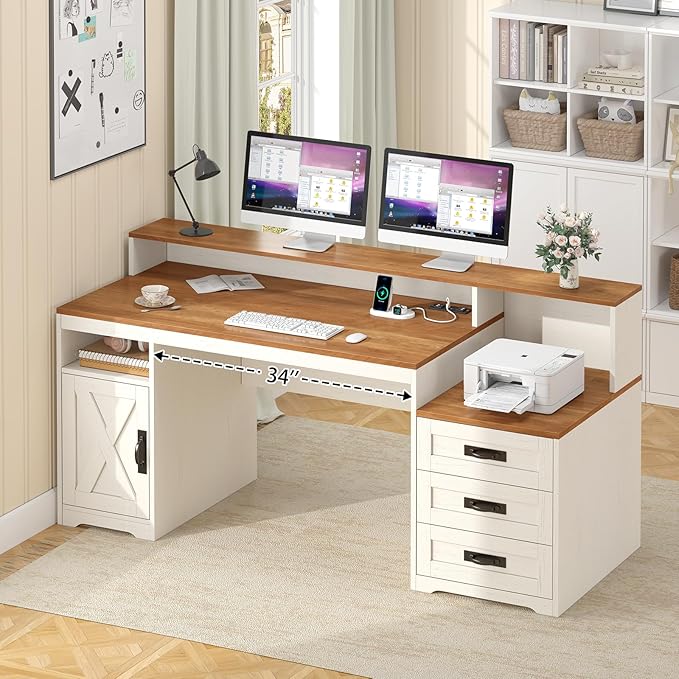 TVU Farmhouse Computer Desk with Drawers, 65'' Home Office Desk with Power Outlets, Storage Cabinet and Printer Stand, Study Writing Desks with Long Monitor Stand, Brown and White