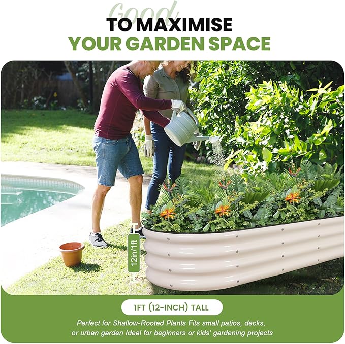 G GOOD GAIN Raised Garden Beds - 8x2x1ft Galvanized Planter Boxes Kit with Protective Tape & Gloves & Tools | Oval Metal Outdoor Raised Bed for Gardening Vegetables, Fruits, Flowers, Herbs, White