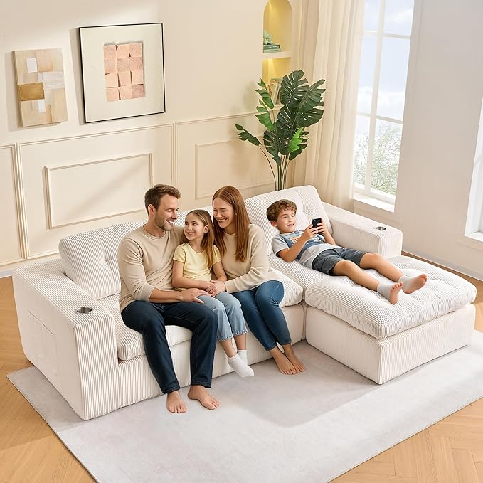 105 Inch Cloud Sectional Couch Modern Modular Sectional Sofa with Deep Seat - L Shaped Comfy 3 Seater Sectional Couches for Living Room with Cup Holders, Fits Living Room & Bedroom, Beige