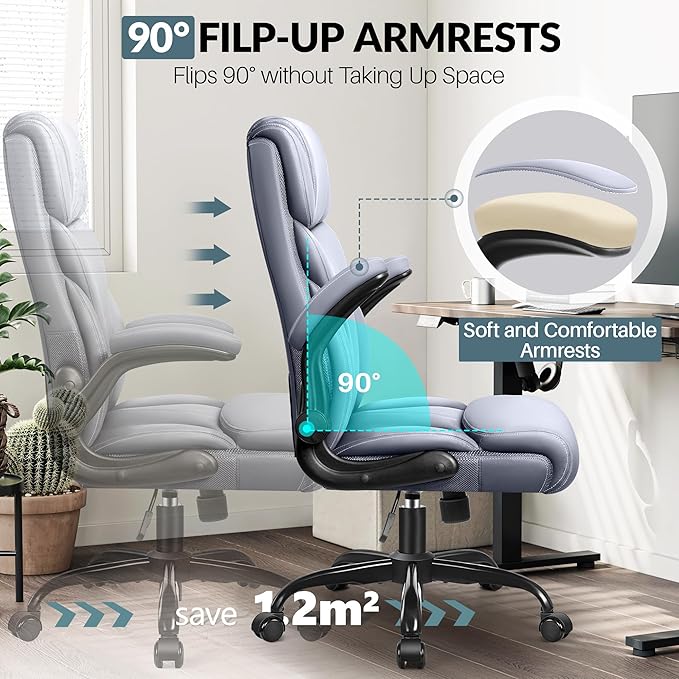 Office Chair, Leather Chair with Adjustable High Back Flip-up Armrests，Ergonomic Desk Chairs Big and Tall, Lumbar Support Swivel Computer Chair with Rocking Function