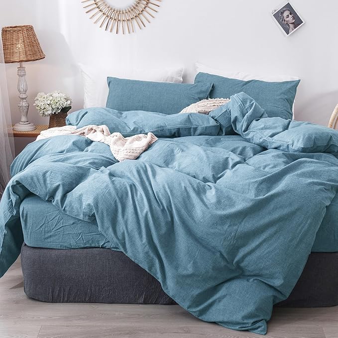 MooMee Bedding Duvet Cover Set 100% Washed Cotton Linen Like Textured Breathable Durable Soft Comfy (Heathered Peacock Blue, Twin 68"x90")