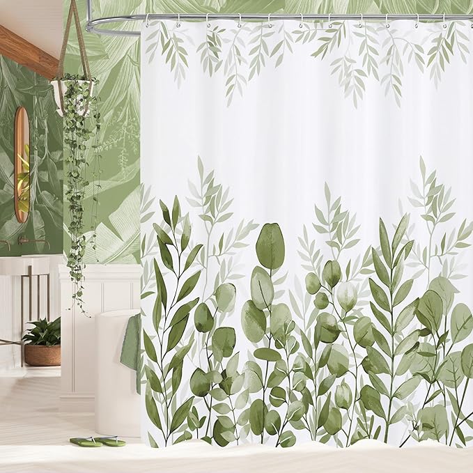 MitoVilla Sage Green Long Shower Curtain Set 72 x 78, Plant Leaves Fabric Shower Curtains 78 inch Long for Rustic Bathroom Decor, Chic Vintage Shower Curtain with Hooks