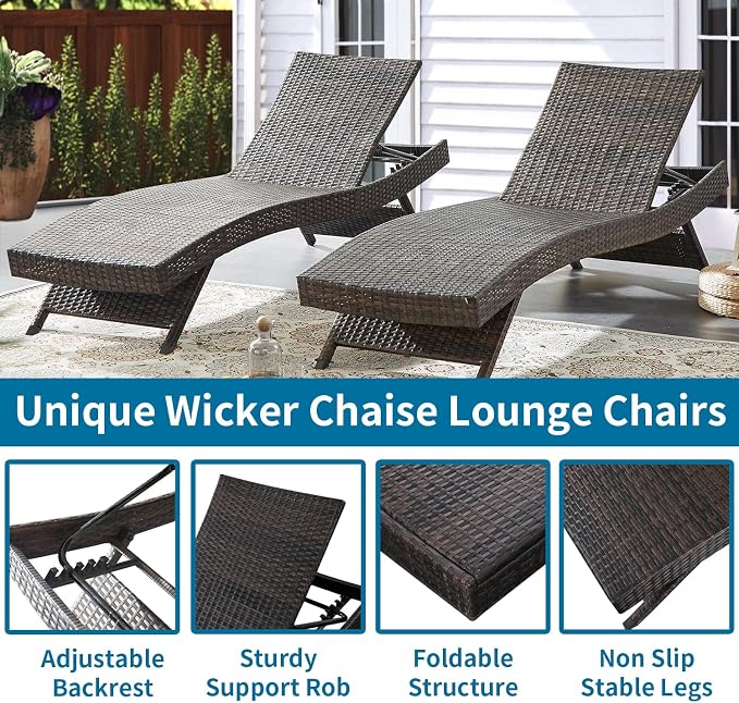 PE Rattan Adjustable Backrest Chaise Lounge Set 4 with 1 Side Table, Outdoor Pool Recliner Patio Chairs Lounge Chair Set 4 with 1 Coffee Table for Outside Beach Poolside Sunbathing
