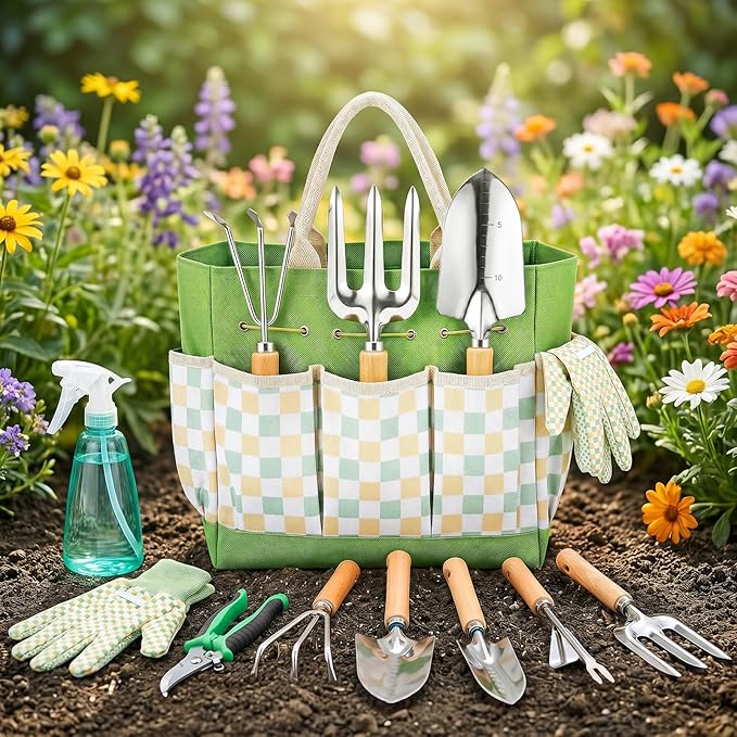 Garden Tool Set, Garden Tools 9-Piece Heavy Duty with Durable Tote Bag, Ergonomic Gardening Tools, Ideal Gardening Gifts for Women, Rust-Resistant Gardening Kit