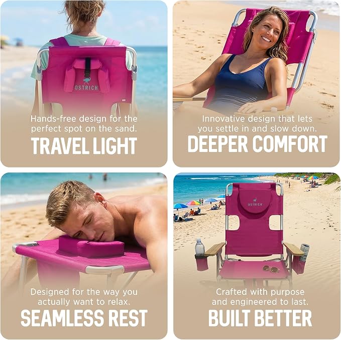 Ostrich the Woody Backpack 3N1 Portable Chair with Cooler Bag and Reclining Lounger for Tanning, Camping, Beach, and Outdoor Essential, Pink