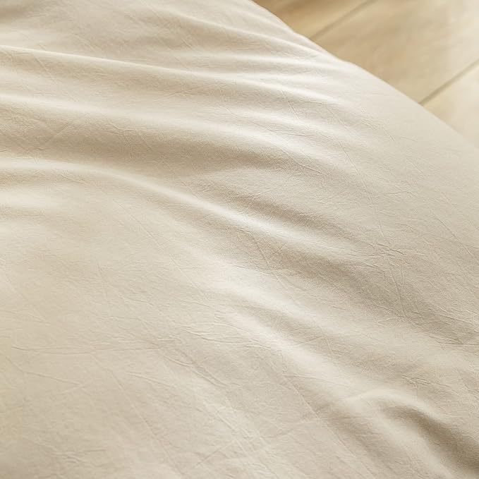 BESTOUCH Duvet Cover Set 100% Washed Cotton Linen Feel Super Soft Comfortable Chic Lightweight 3 PCs Home Bedding Set Solid Almond Milk Grey Full/Double