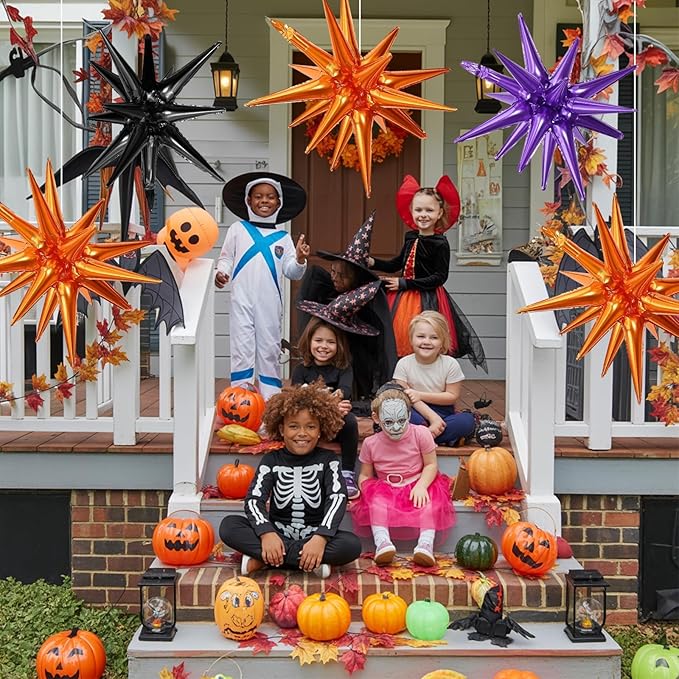Black Purple Orange Star Balloons,9Pcs 22Inch Black Orange Purple Explosion Spike Cone Helium Polyester Film Star Foil Balloons for Halloween Birthday Baby Shower Party Decorations