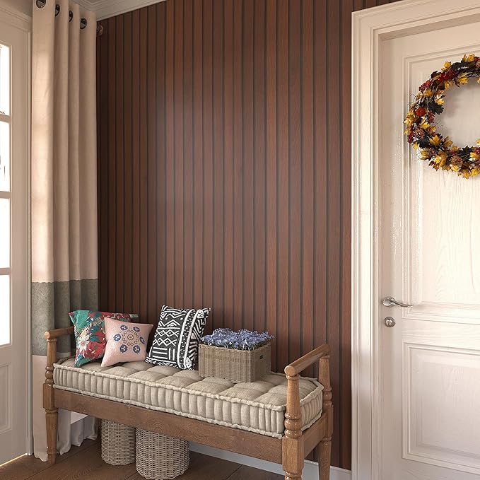 VEELIKE Walnut Wood Slat Peel and Stick Wallpaper Wood Contact Paper