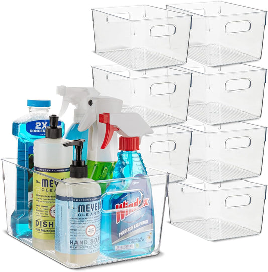 Plastic Food Storage 8 Pack Clear Container Bin with Handles for Organizing Kitchen, Pantry, Refrigerator, Freezer, Pantry, Cabinet, Closet, Bathroom. 10”x7.5”x5.3”