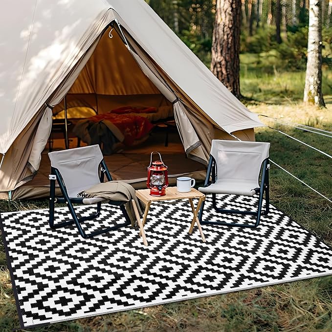 OLANLY Waterproof Outdoor Rug 6x9 ft, Outdoor Plastic Straw Rug for Camping, RV Mat Outside, Indoor Outdoor Carpet for Porch, Deck, Backyard, Balcony, Picnic, Black & White