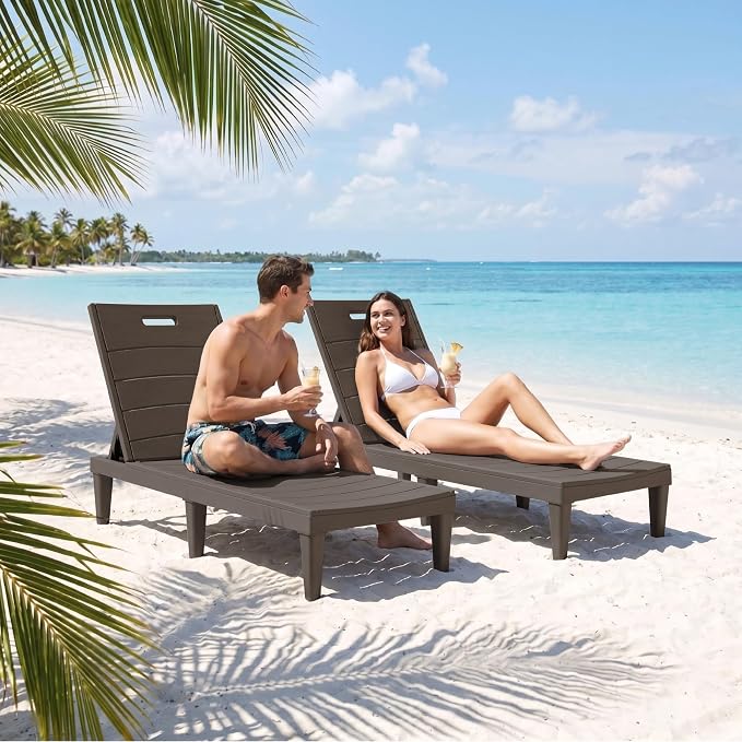 Greesum Outdoor Chaise Lounge Chairs Set of 2 with 5-Position Adjustable Backrest, Waterproof PP Sun Chaise Loungers for Garden Pool Beach Patio Deck Sunbathing, Brown