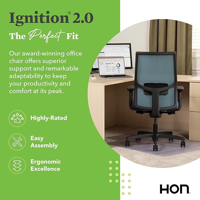 HON Ignition 2.0 Mid Back Task Chair, Spectrum Mesh, Advanced Synchro-Tilt Control, Office Chair with Lumbar Support, Height and Width Adjustable Arms, Black Frame, Sky