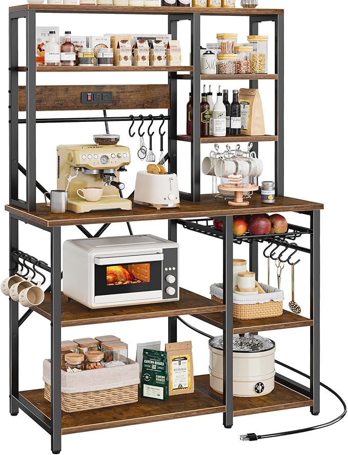 SUPERJARE Large Bakers Rack with Power Outlets, 6-Tier Microwave Stand, Coffee Bar with 12 S-Shaped Hooks, Kitchen Shelf with Wire Basket, 39.4 x 14.6 x 66.9 Inches, Rustic Brown